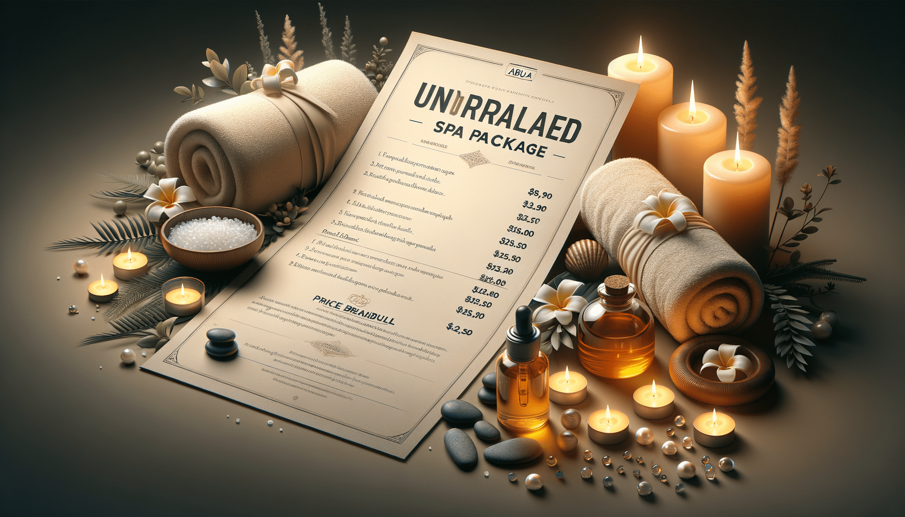 Luxury spa package menu with candles and towels