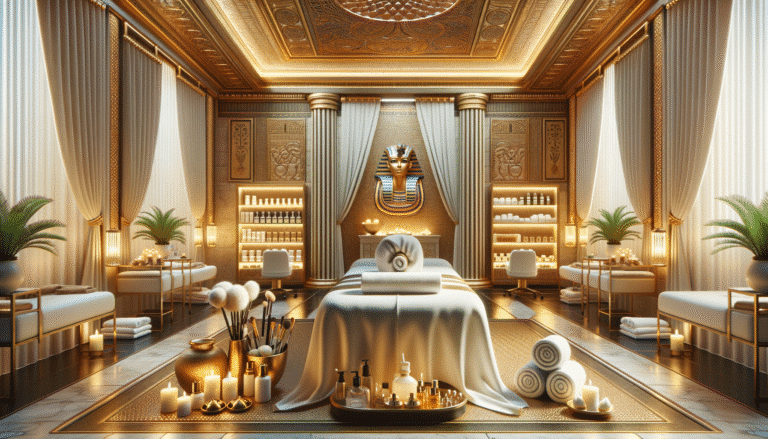 Luxurious Egyptian-themed spa with massage table and candles