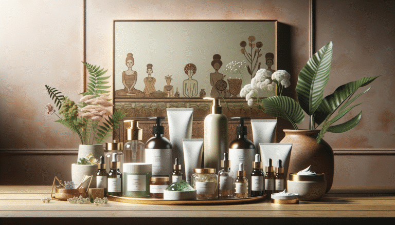Natural skincare products with plants on wooden table