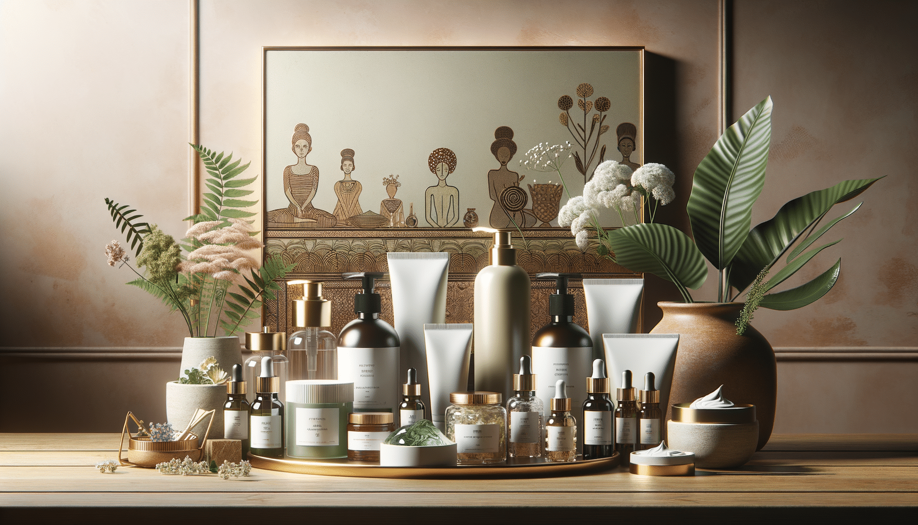 Natural skincare products with plants on wooden table