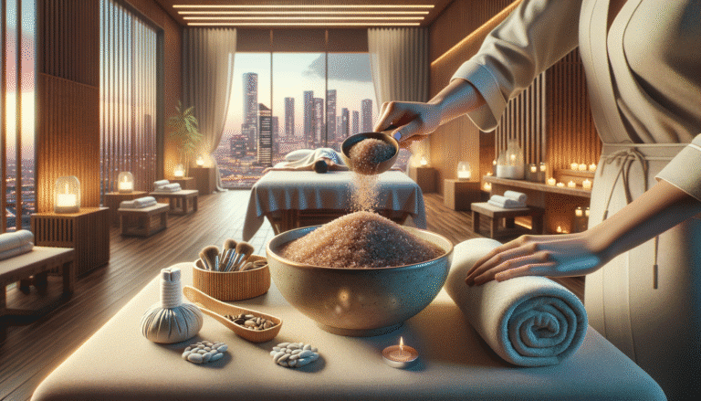 Luxury spa treatment room with city skyline view