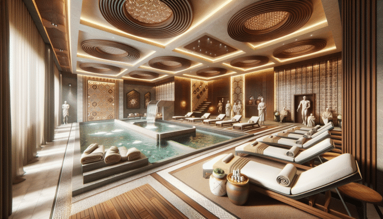 Luxurious indoor spa pool with waterfall and loungers