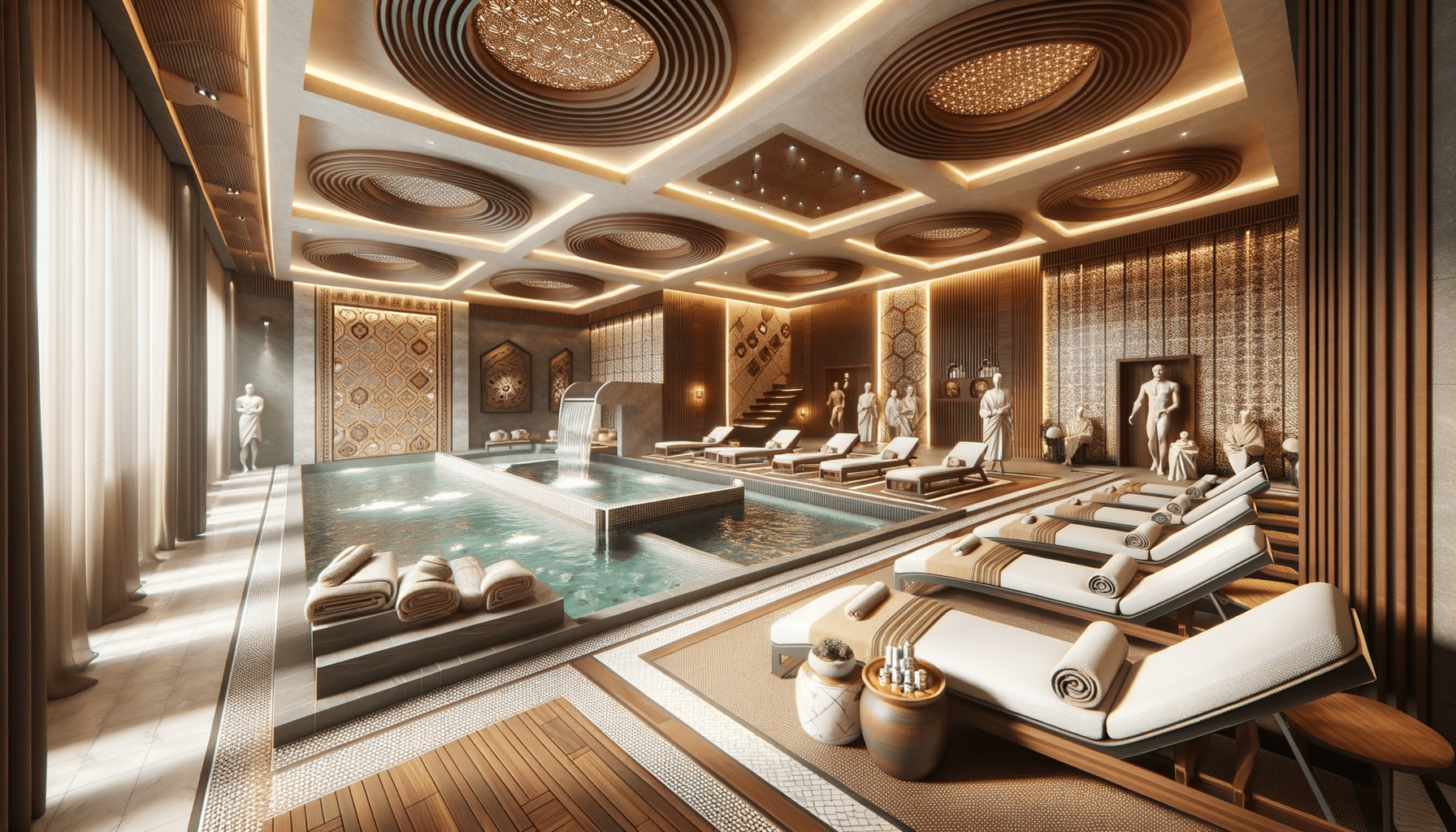Luxurious indoor spa pool with waterfall and loungers