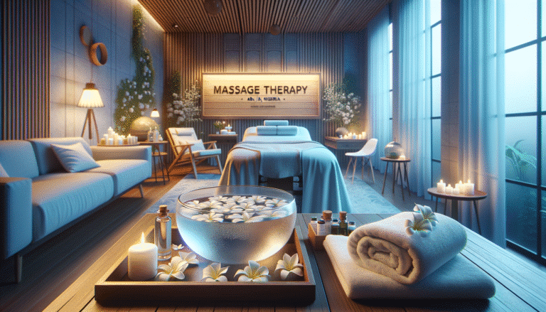 Tranquil massage therapy room with candles and towels