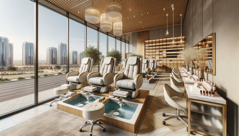 Luxury nail salon with pedicure chairs and skyline