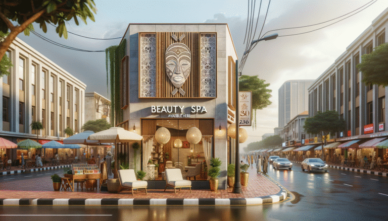 Corner beauty spa on rainy city street