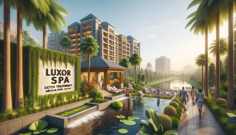 Luxury spa resort with palm trees and water features