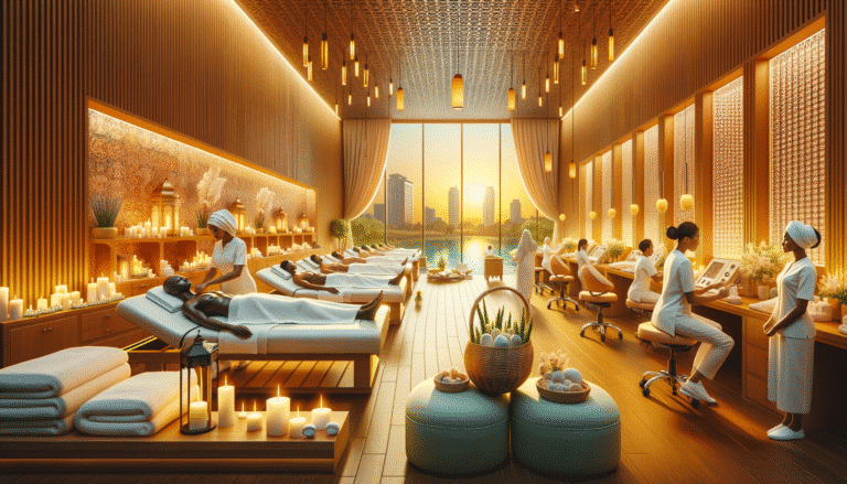 Luxury spa interior with massages and sunset view