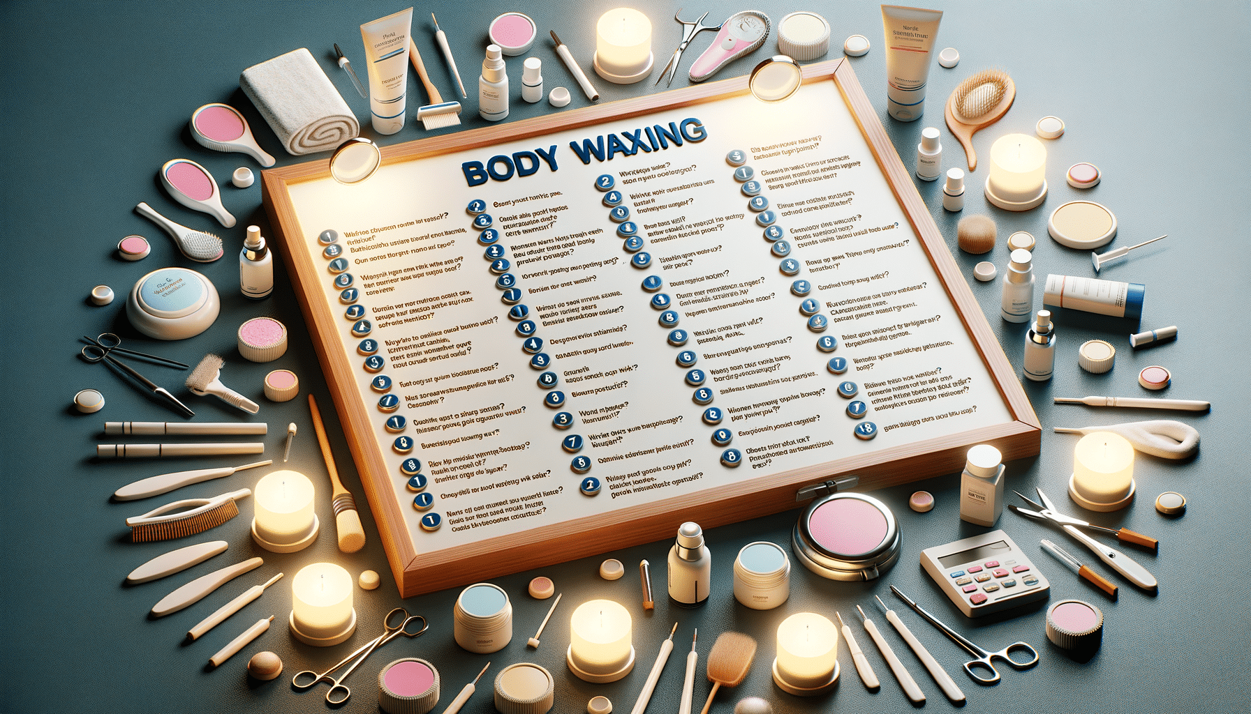 Body waxing guide board with beauty tools and candles