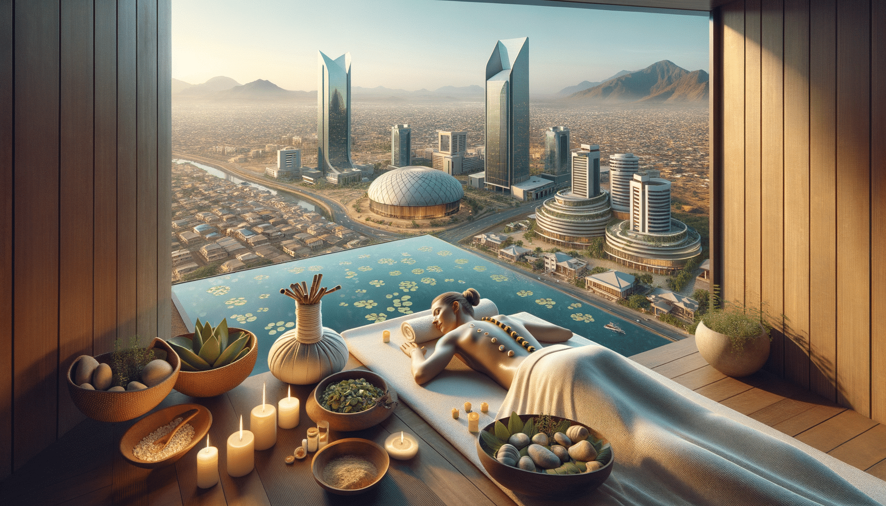 Luxury spa treatment overlooking futuristic city skyline