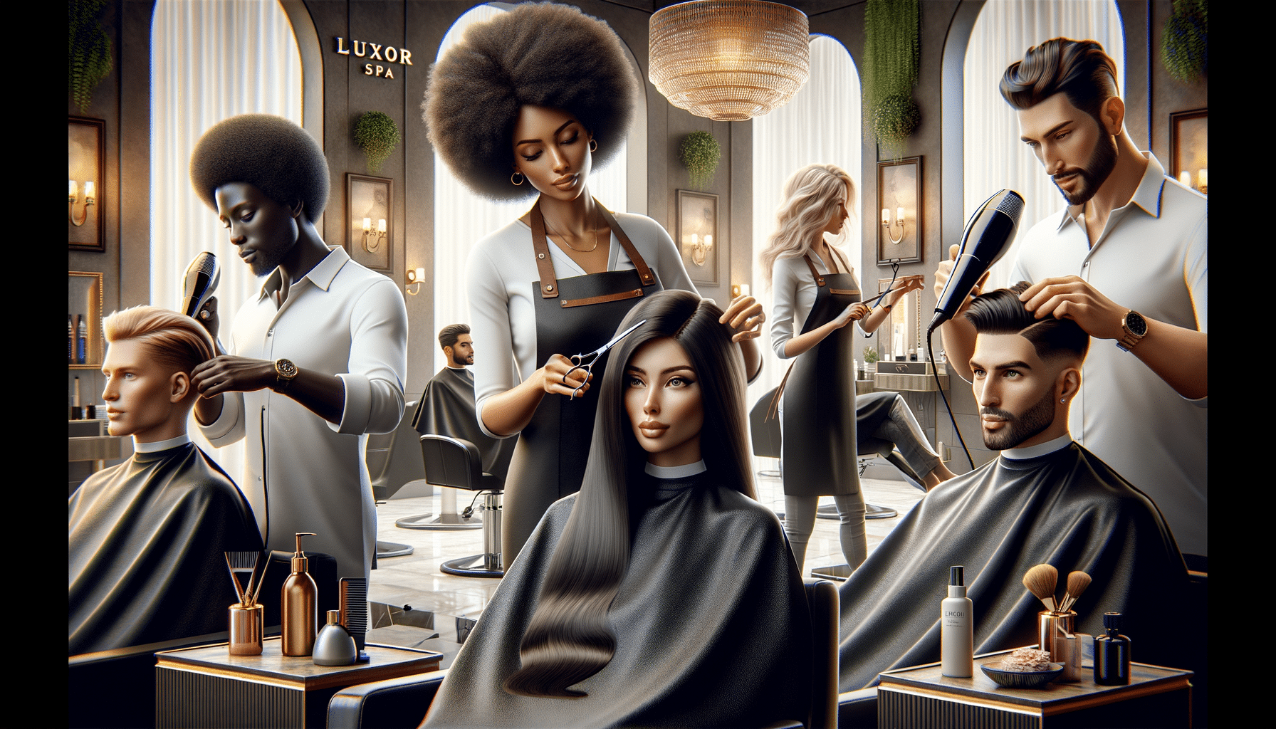 Stylists cutting and blow-drying hair in luxury salon