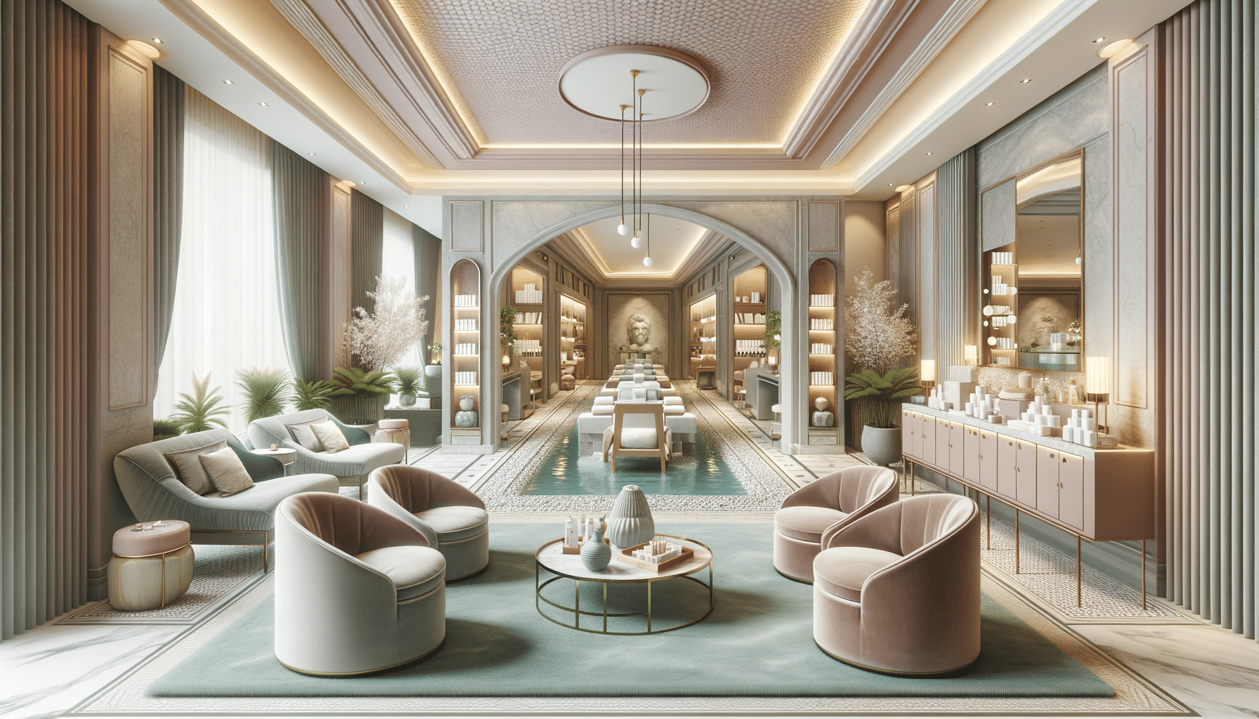 Luxurious spa interior with seating and treatment area