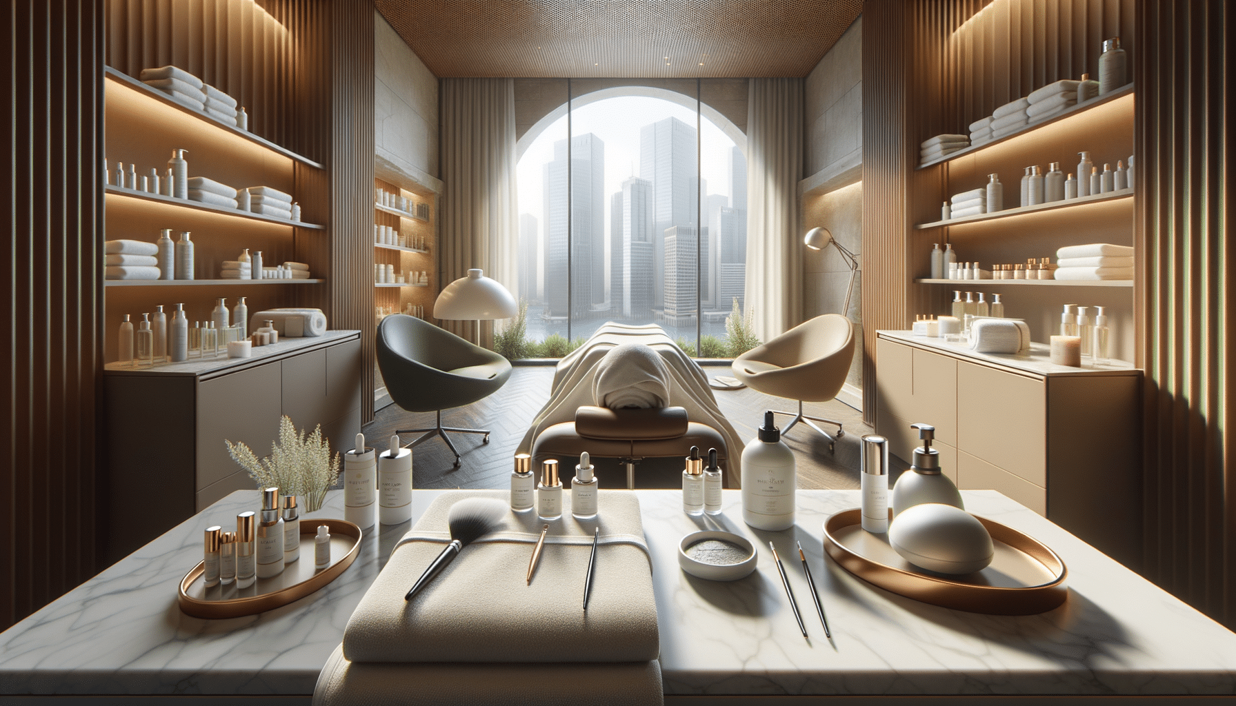 Luxury spa treatment room overlooking city skyline