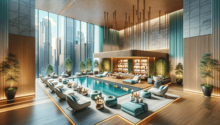 Luxury indoor spa pool with city skyline view