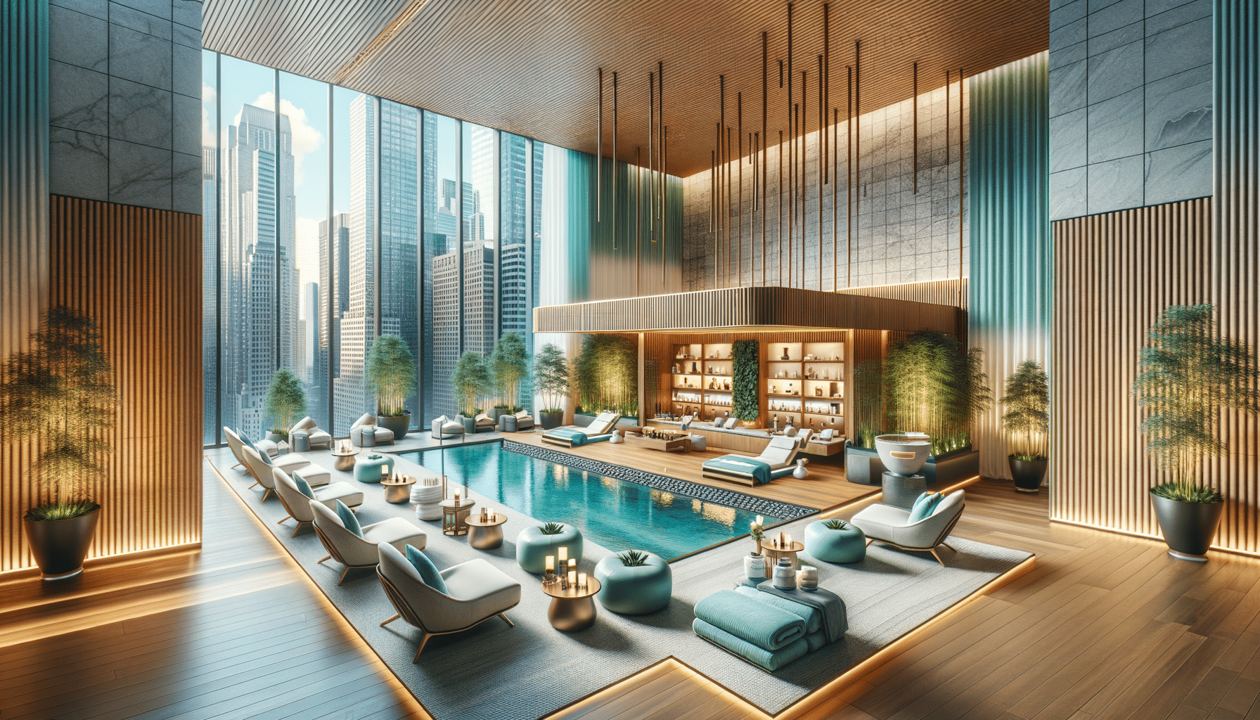 Luxury indoor spa pool with city skyline view