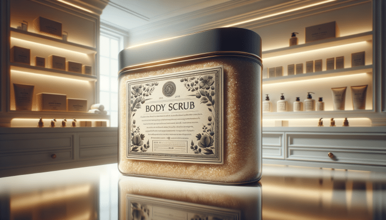 Large body scrub container in luxury bathroom setting