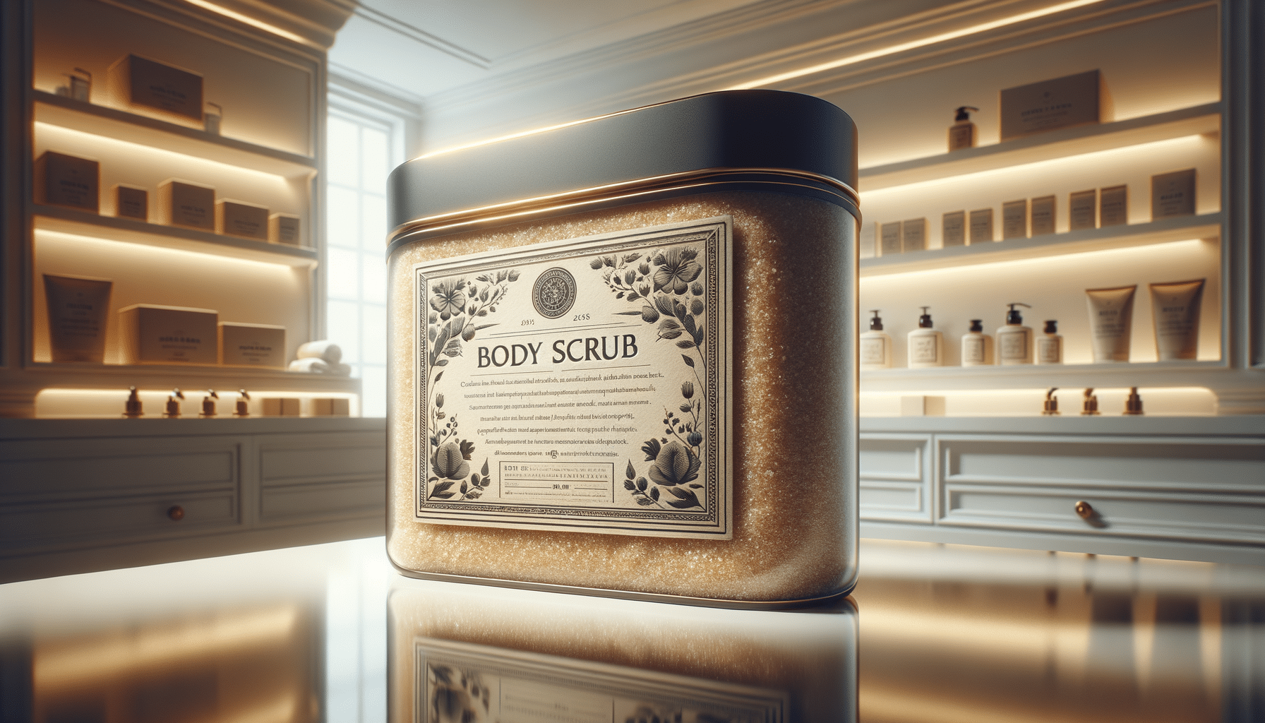 Large body scrub container in luxury bathroom setting