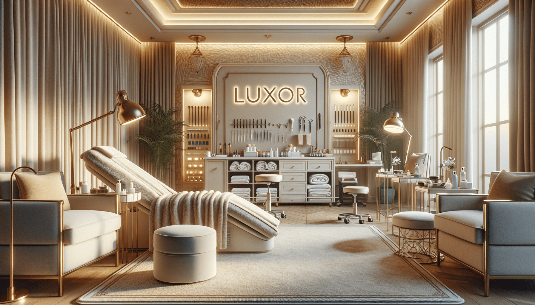 Luxurious beauty salon treatment room with golden decor