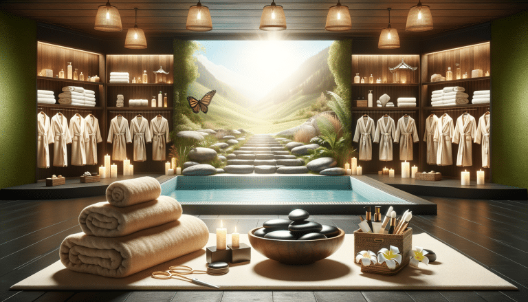 Luxury spa interior with pool, robes and candles