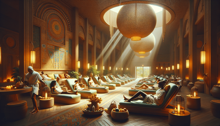 Luxury spa interior with guests relaxing on loungers