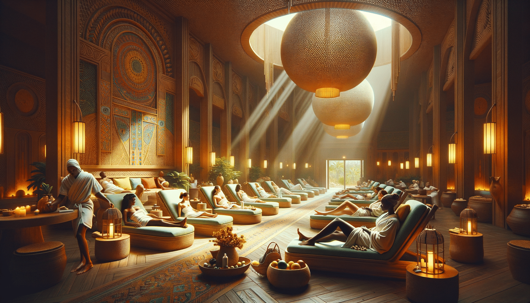 Luxury spa interior with guests relaxing on loungers