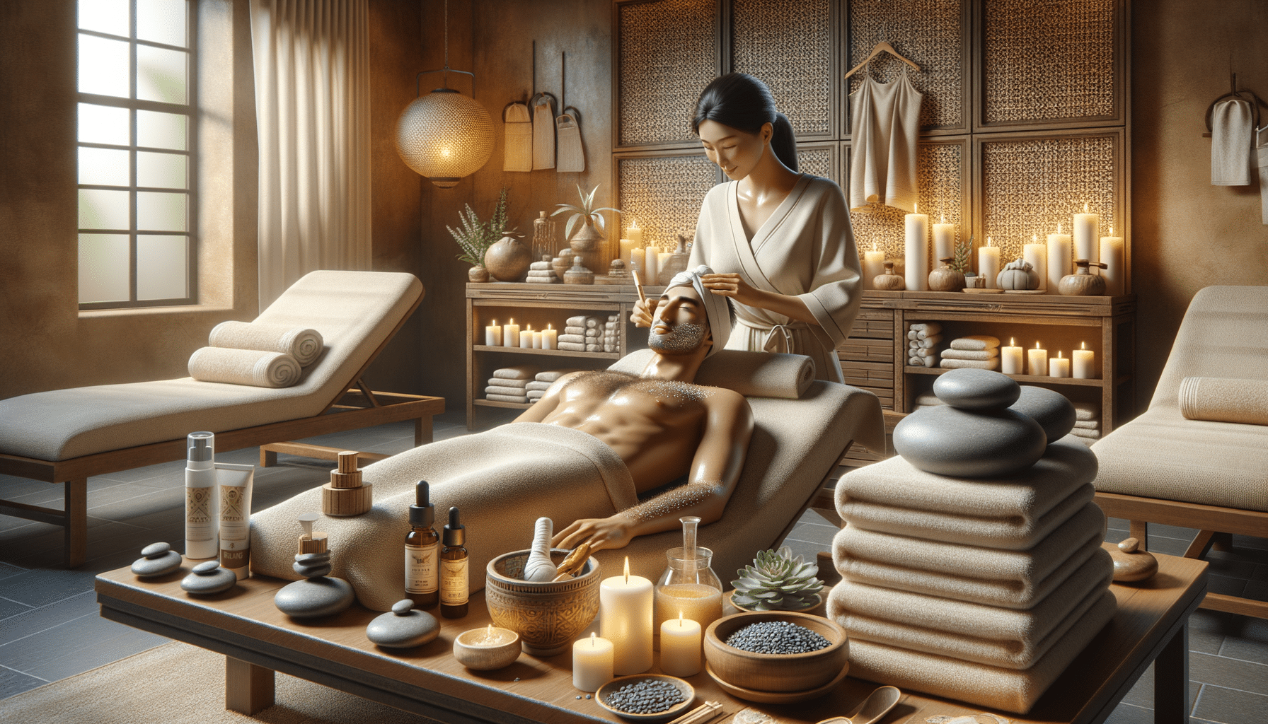 Spa therapist giving man relaxing facial treatment