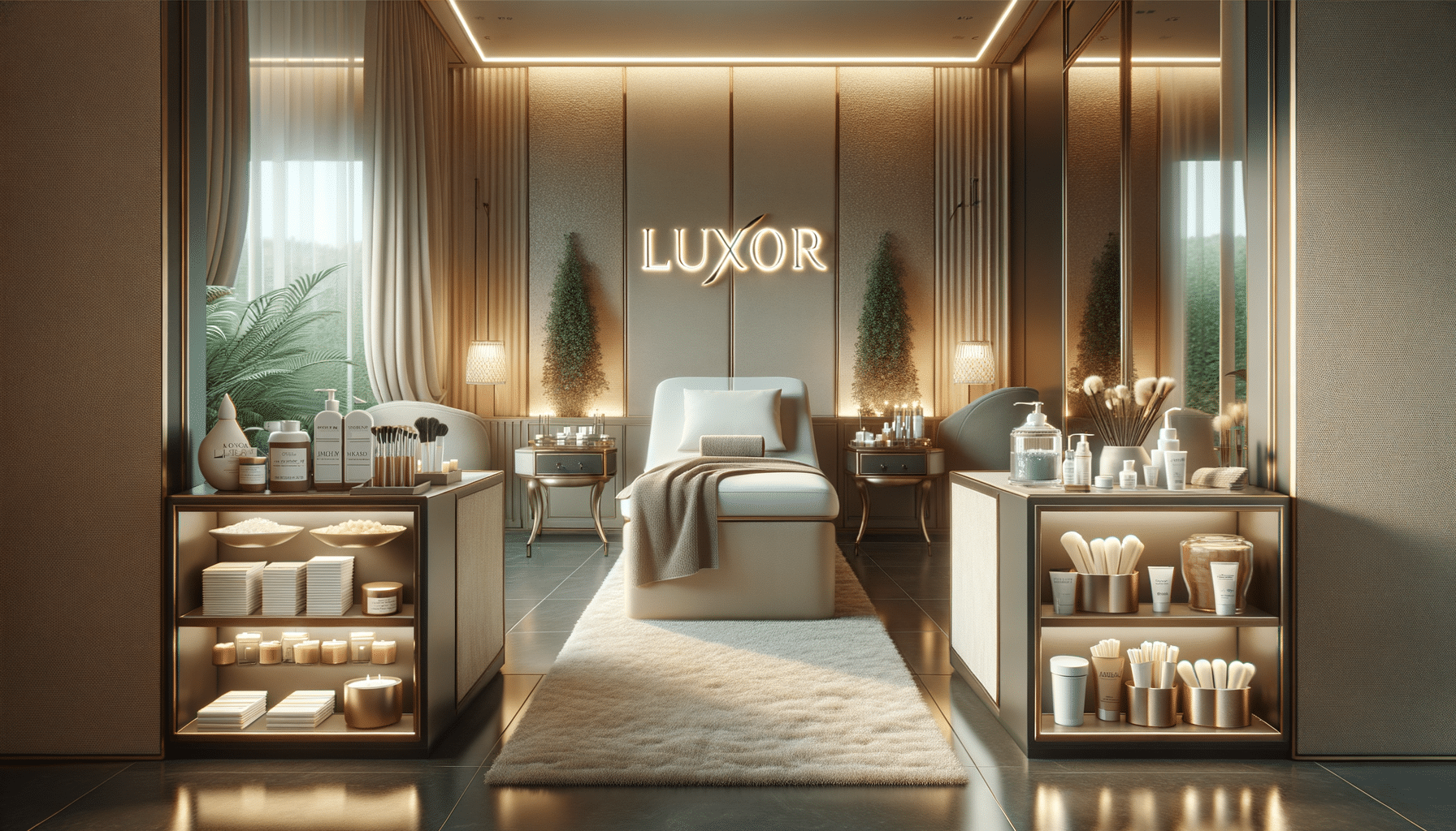 Luxury spa treatment room with massage bed and products