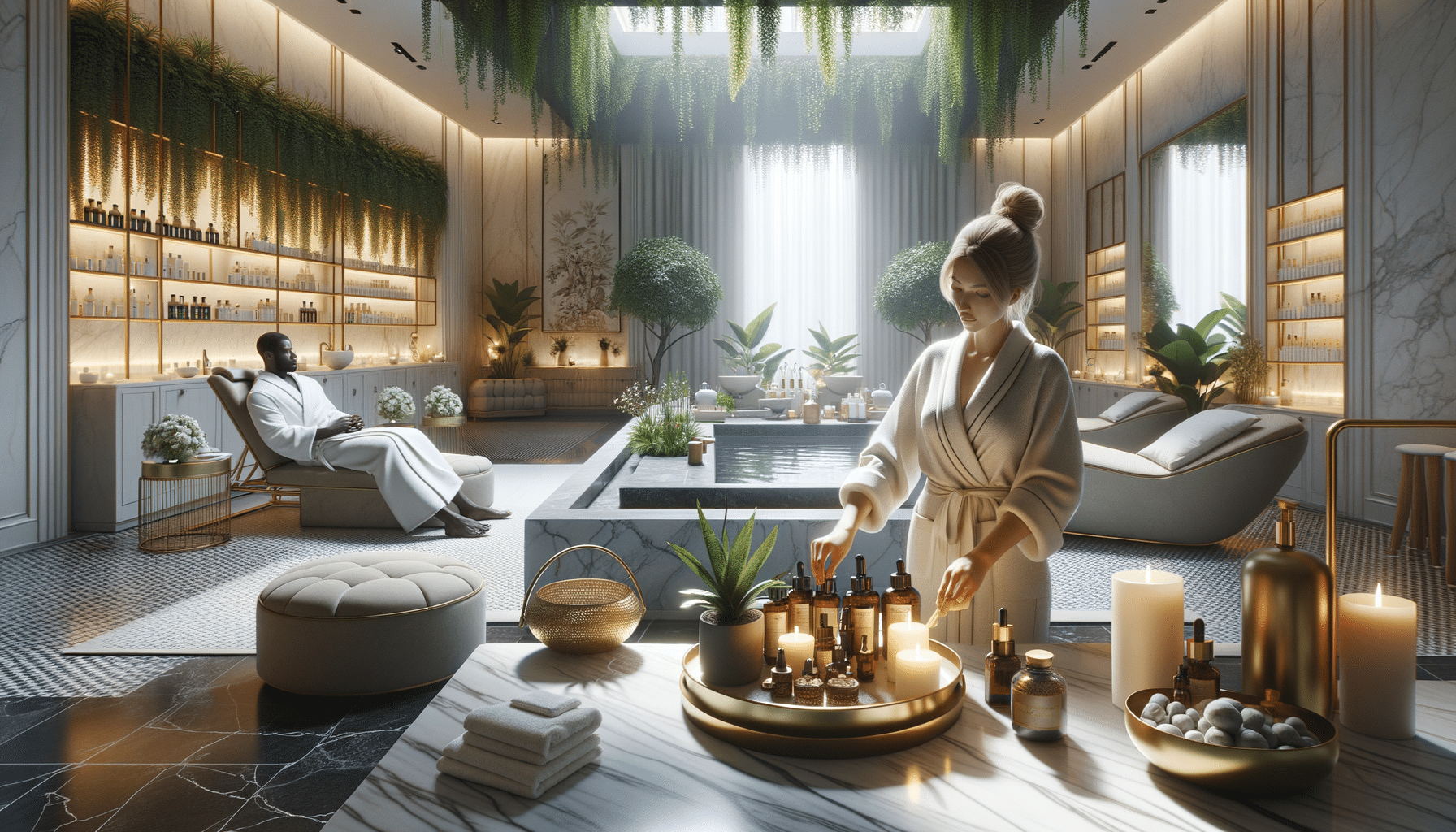 Luxury spa interior with two guests and candles