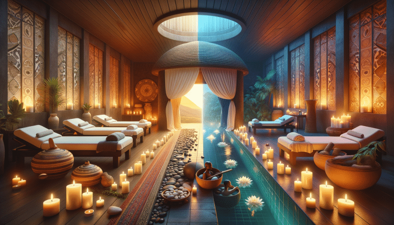 Luxurious candlelit spa with massage beds and pool