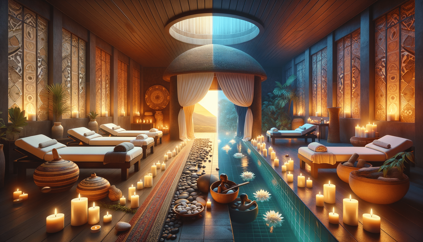 Luxurious candlelit spa with massage beds and pool