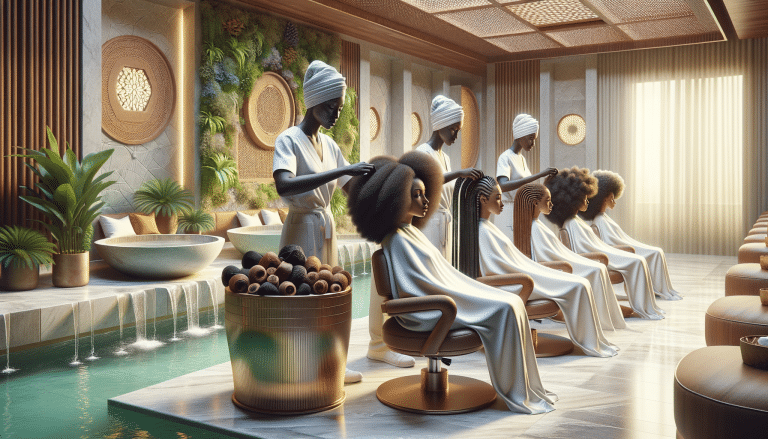 Stylists braiding and styling hair in serene luxury spa