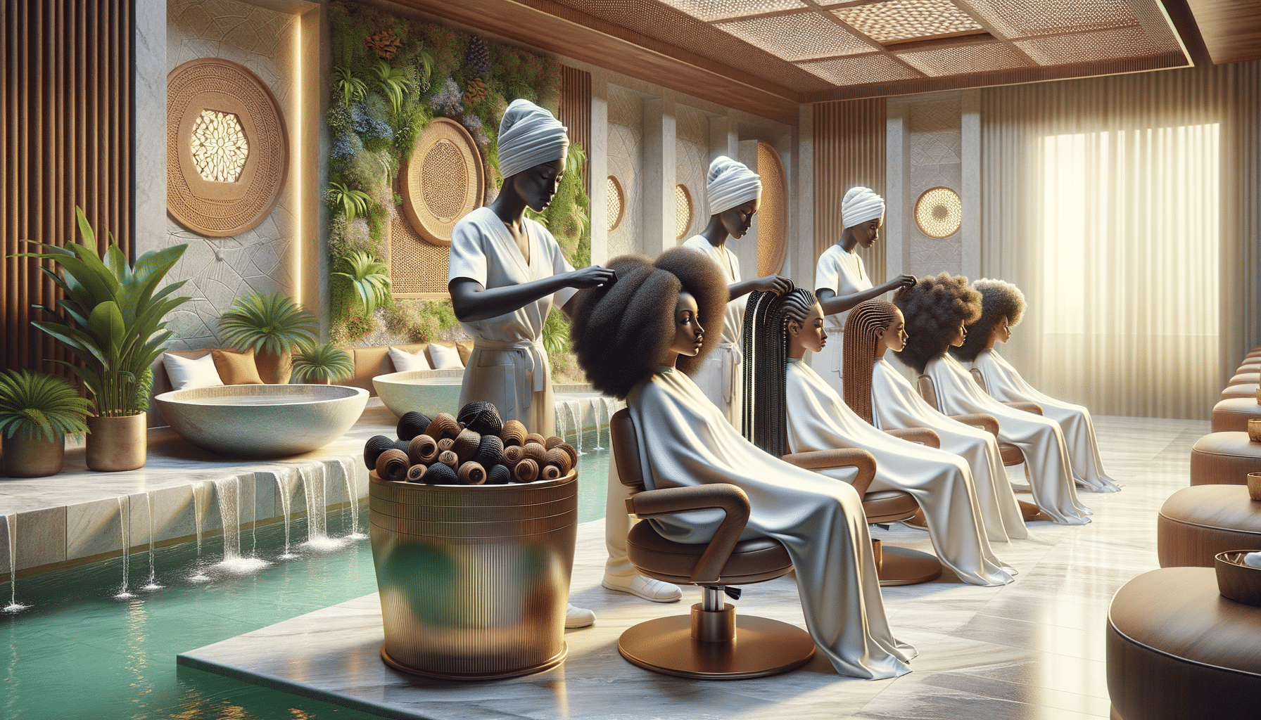 Stylists braiding and styling hair in serene luxury spa