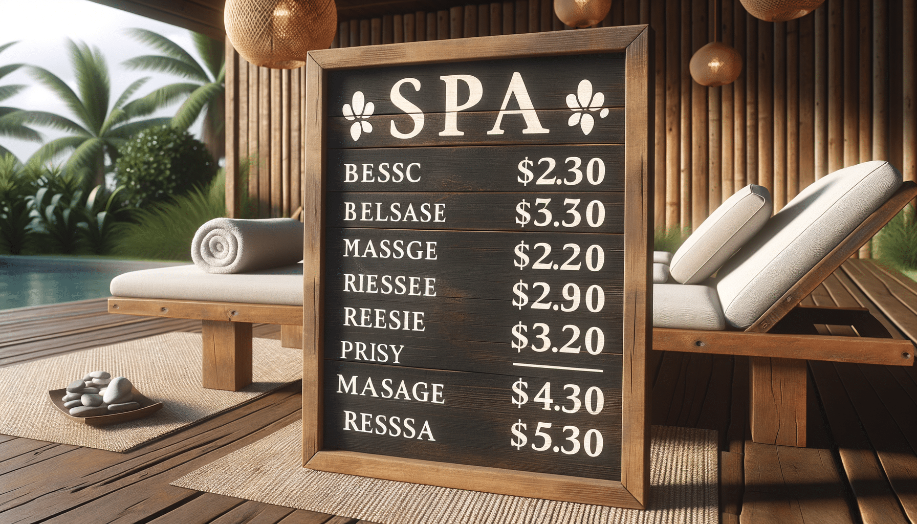 Outdoor spa price board beside pool loungers