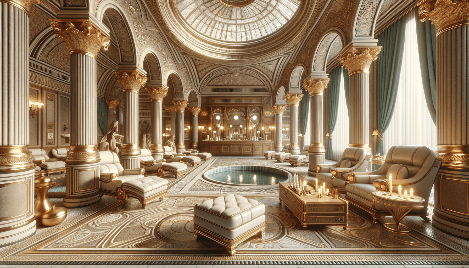 Opulent classical spa interior with columns and pool