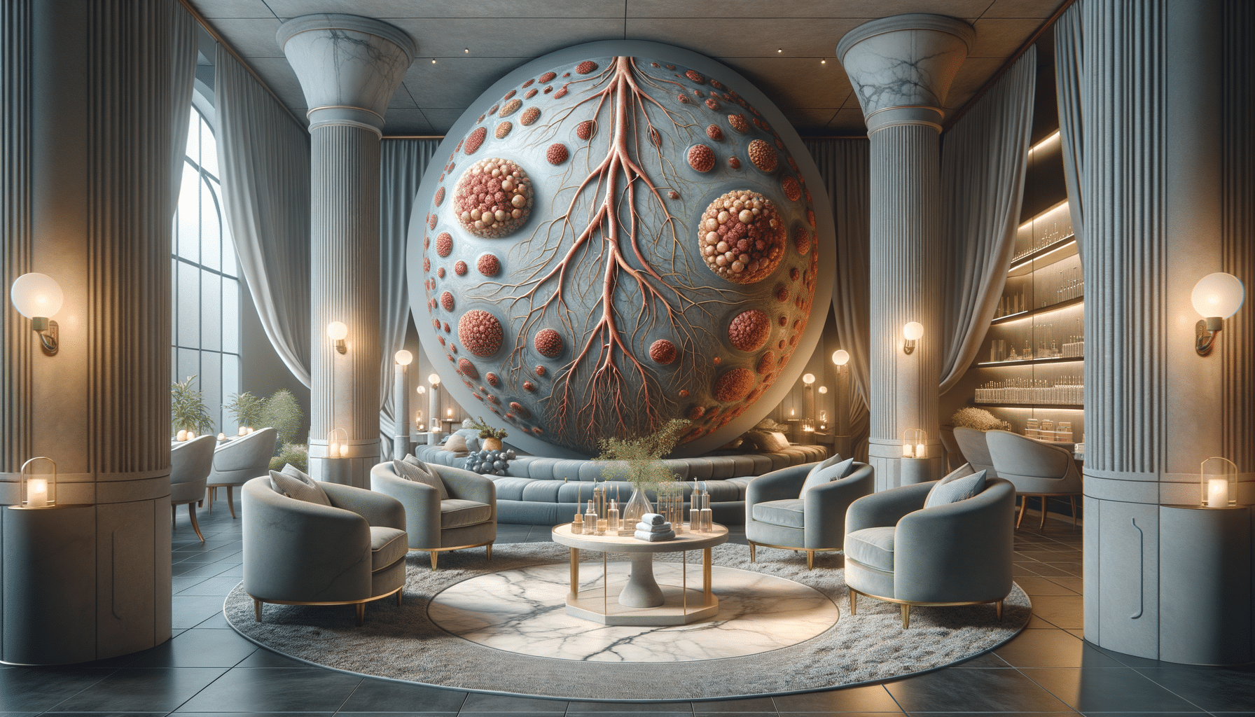 Luxury spa lounge with giant cellular wall sculpture