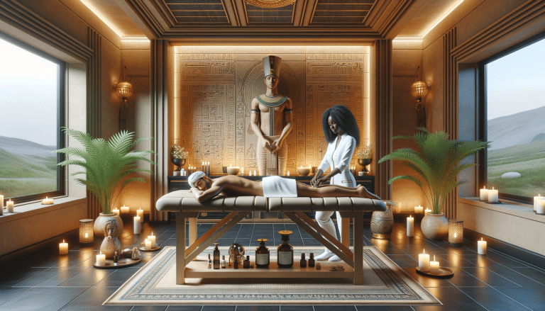 Egyptian-themed spa massage with candles and statue