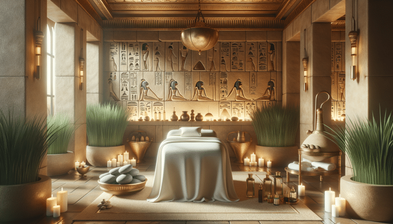 Luxurious Egyptian-themed spa room with massage table and candles