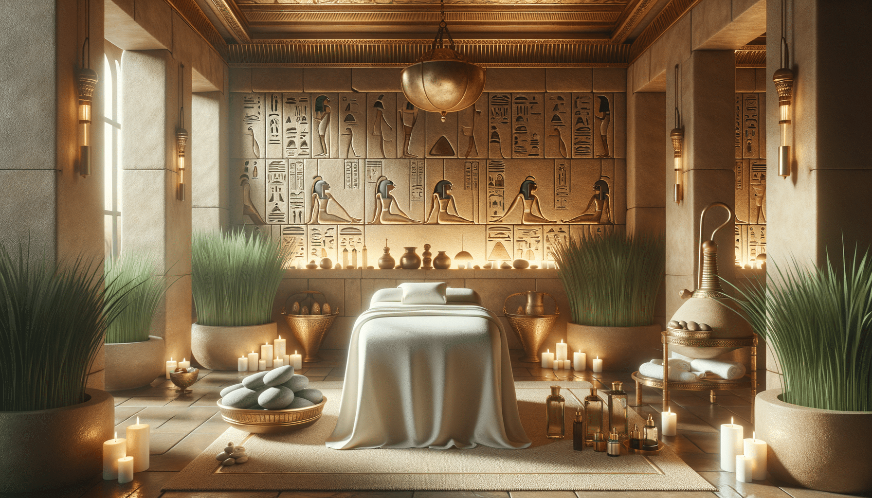 Luxurious Egyptian-themed spa room with massage table and candles