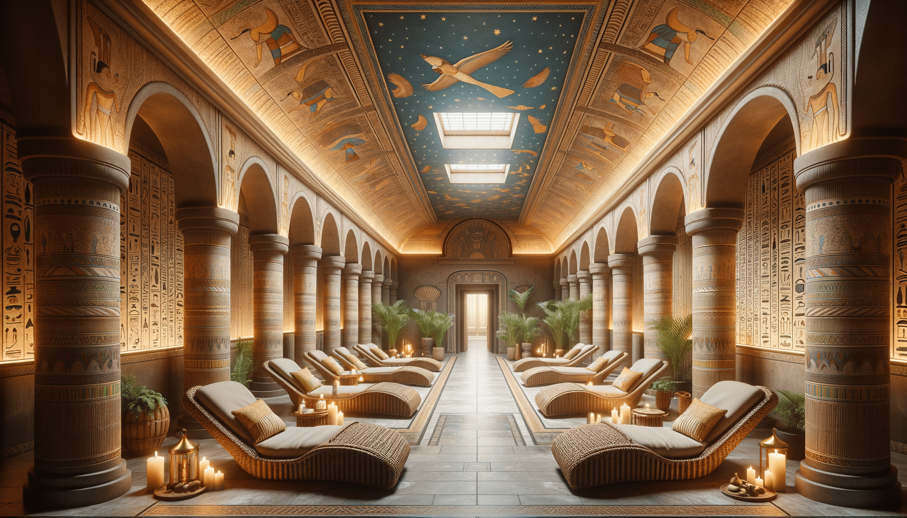 Luxurious Egyptian-style spa interior with columns and loungers