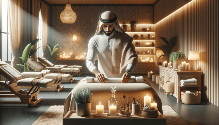 Spa therapist in traditional attire preparing massage table