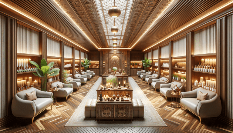 Luxurious spa lounge with candles and sofas