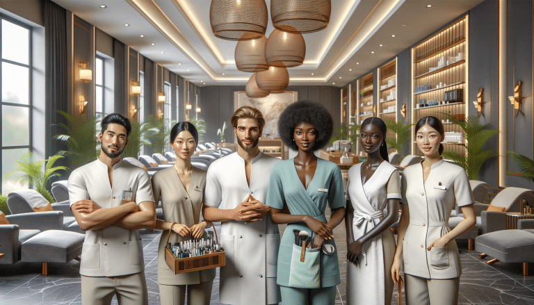 Diverse spa staff in luxury beauty salon interior