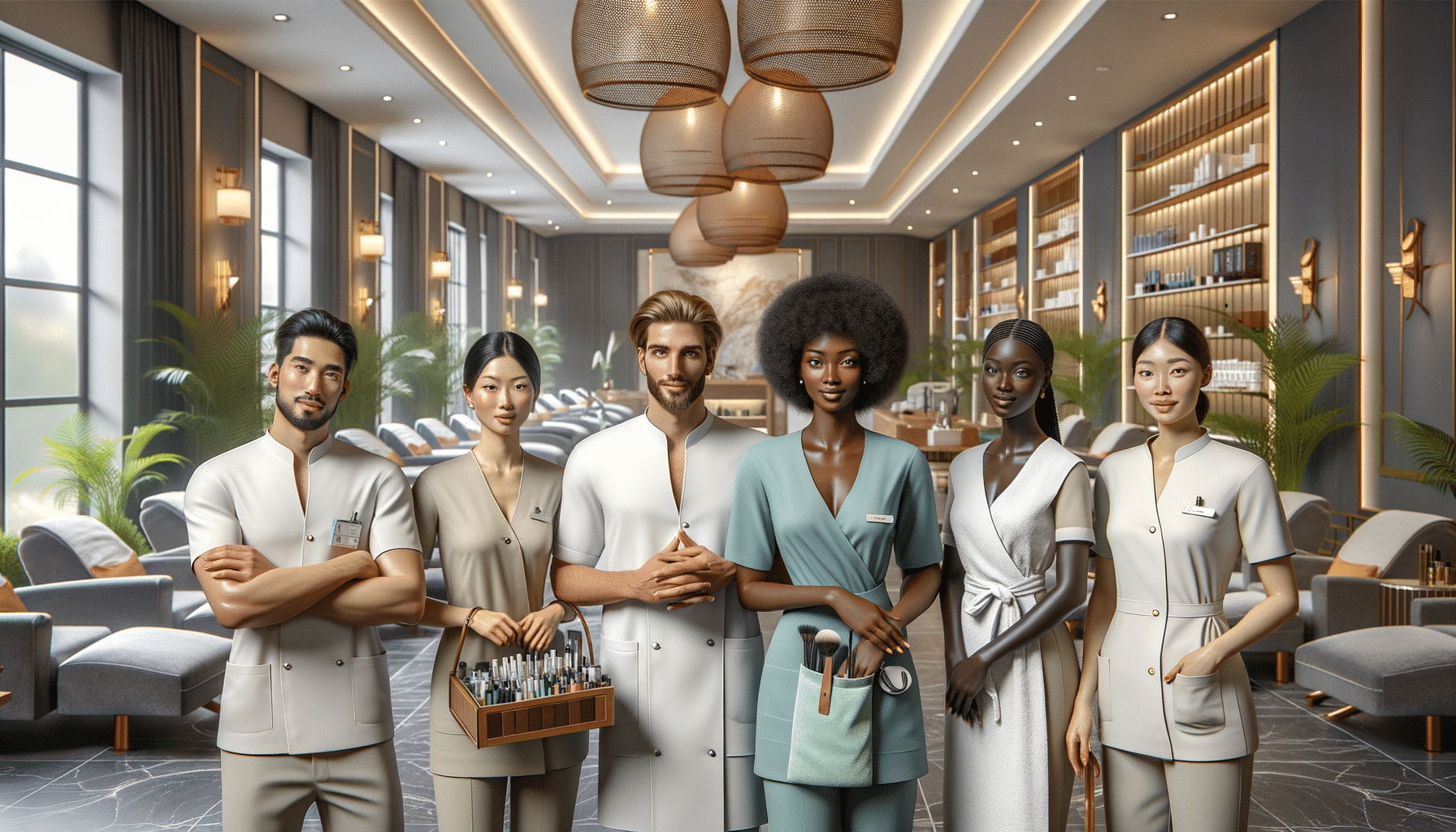 Diverse spa staff in luxury beauty salon interior