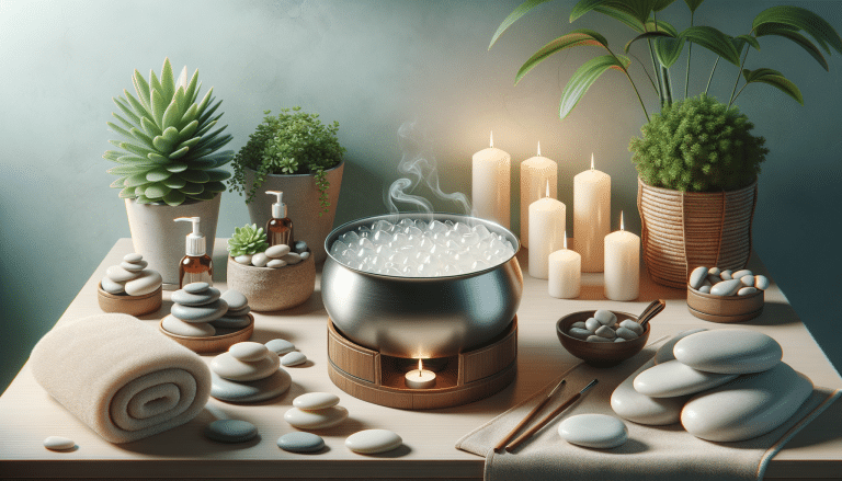 Relaxing spa setup with candles and hot stones