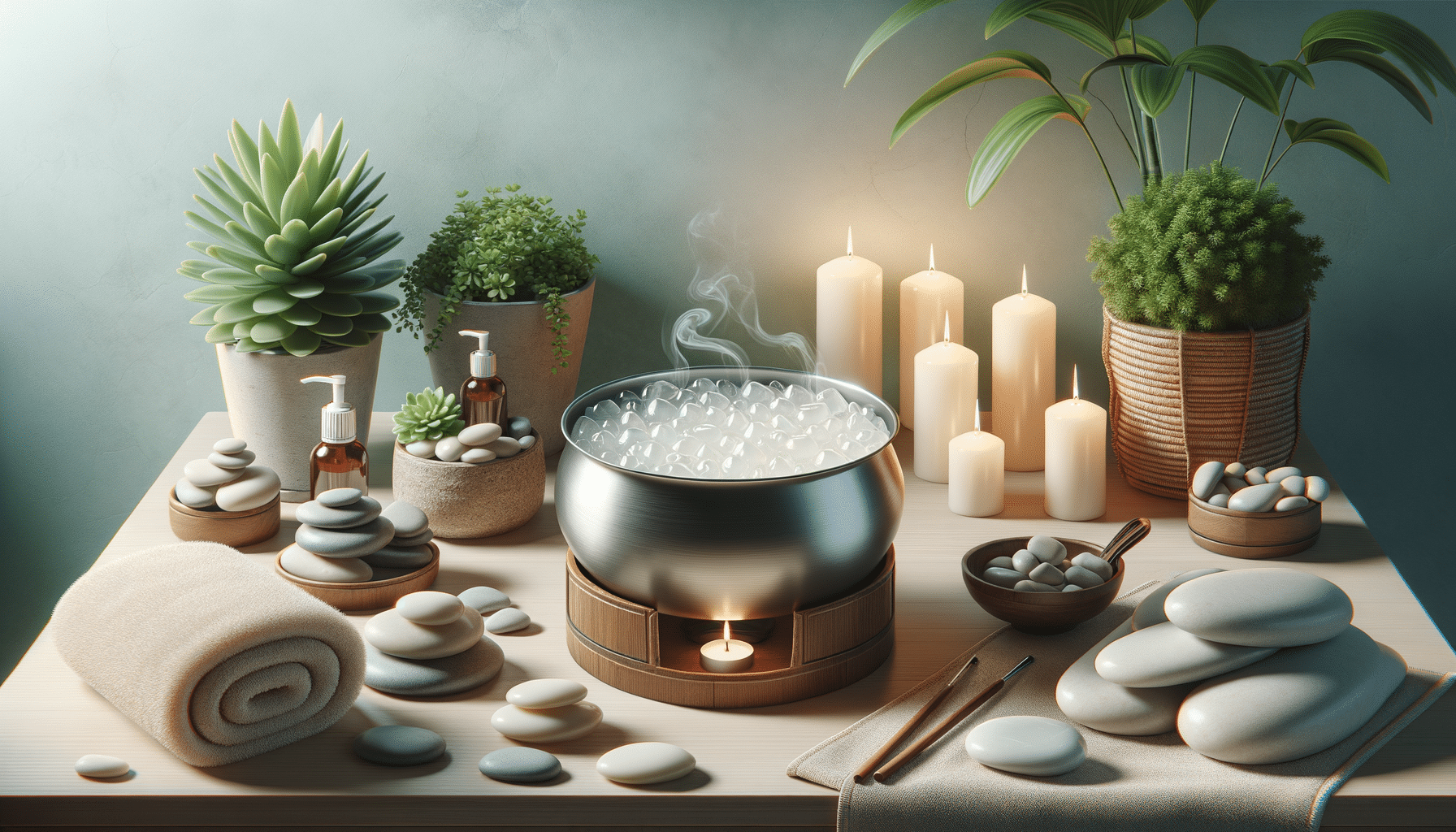 Relaxing spa setup with candles and hot stones