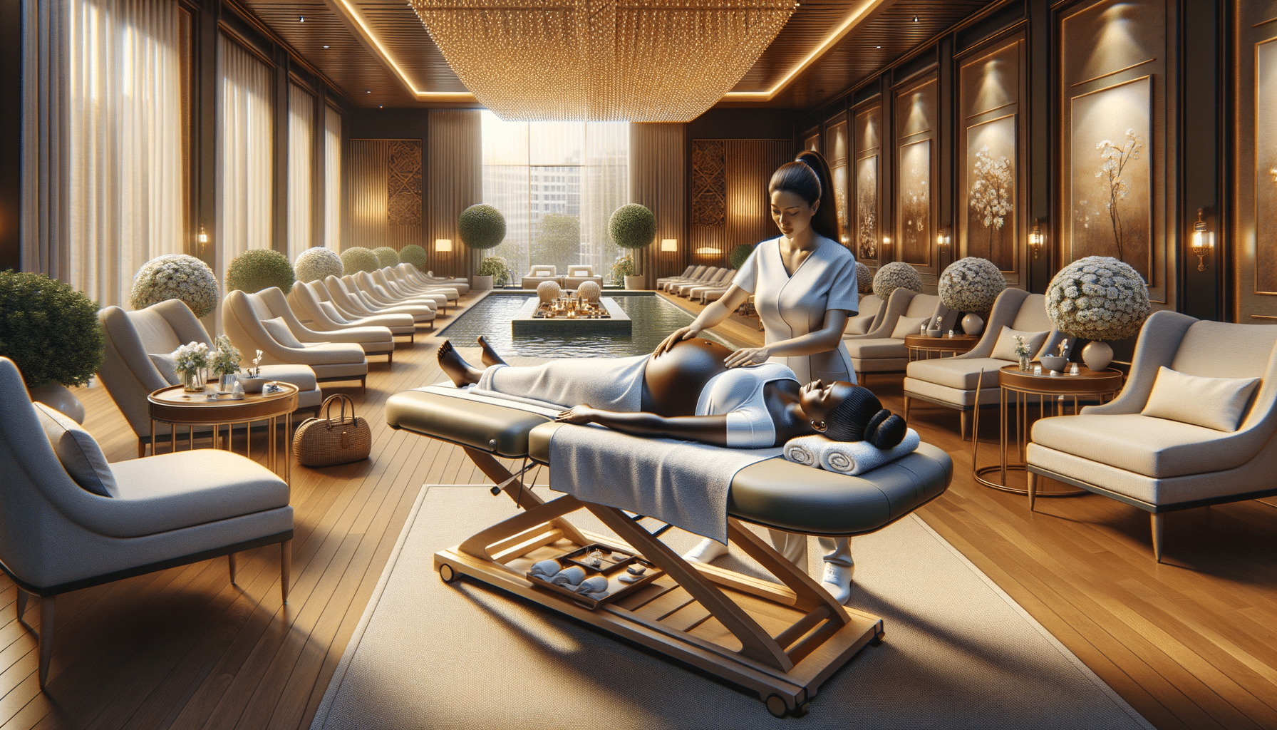 Pregnant woman receiving massage in luxury spa