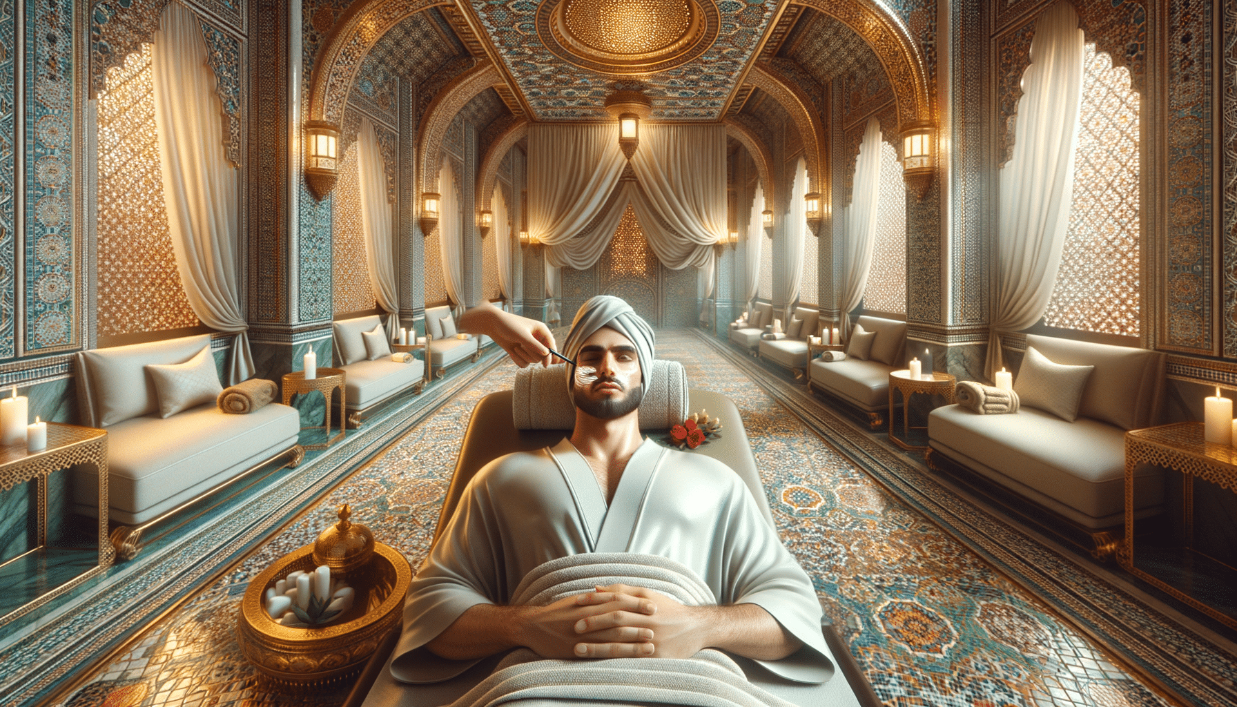Man receiving facial treatment in ornate hammam spa