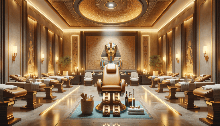 Luxurious Egyptian-themed spa with pharaoh mural and massage beds
