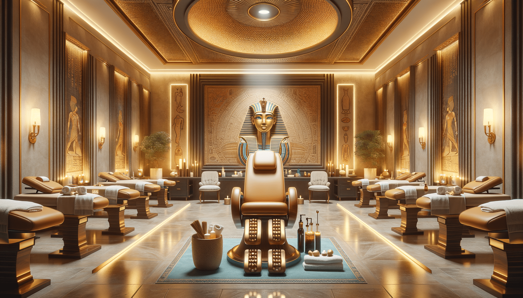 Luxurious Egyptian-themed spa with pharaoh mural and massage beds