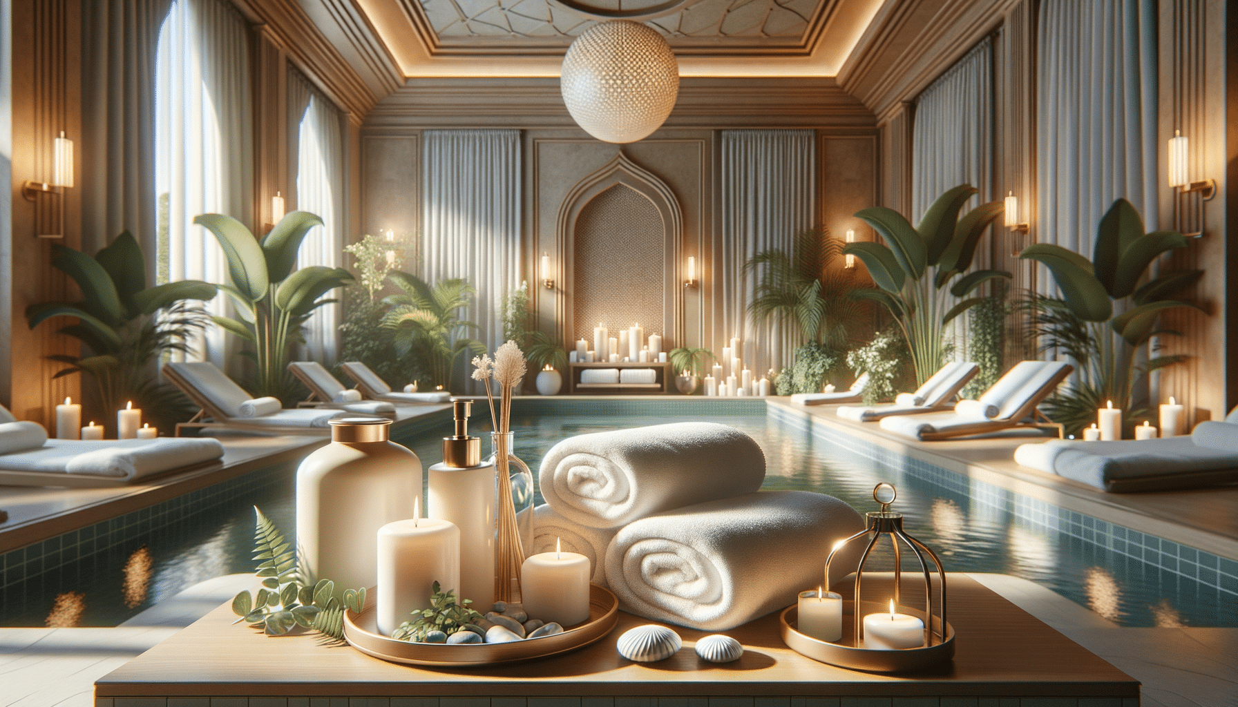 Luxury indoor spa pool with candles and towels
